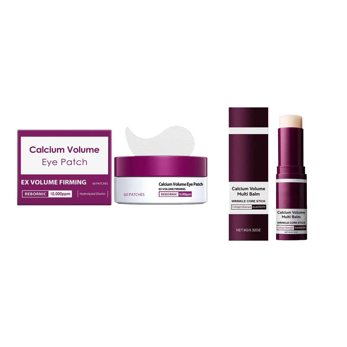 Calcium Skincare Set with burgundy and white packaging, including eye patches, serum, and wrinkle care balm stick