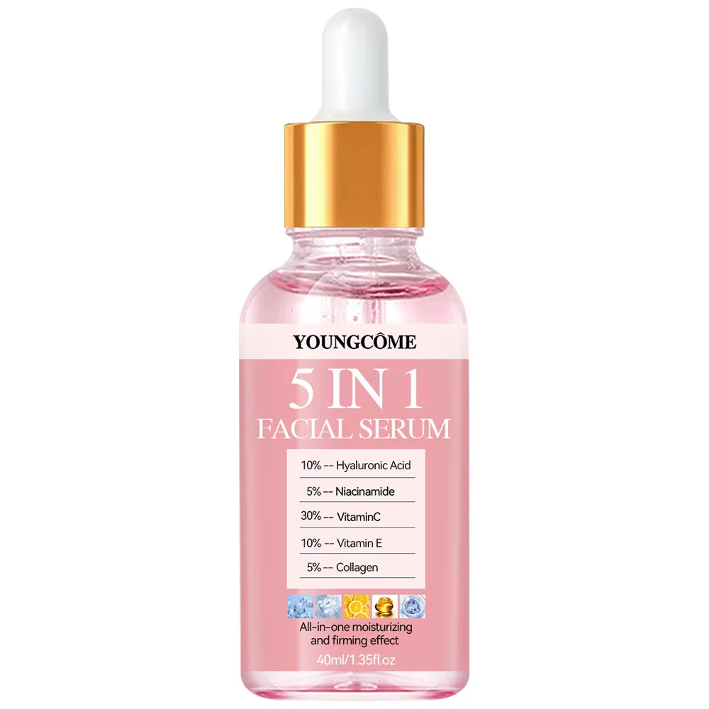 Vitamin C Hyaluronic Acid facial serum in a pink glass dropper bottle with gold collar, 5-in-1 formula