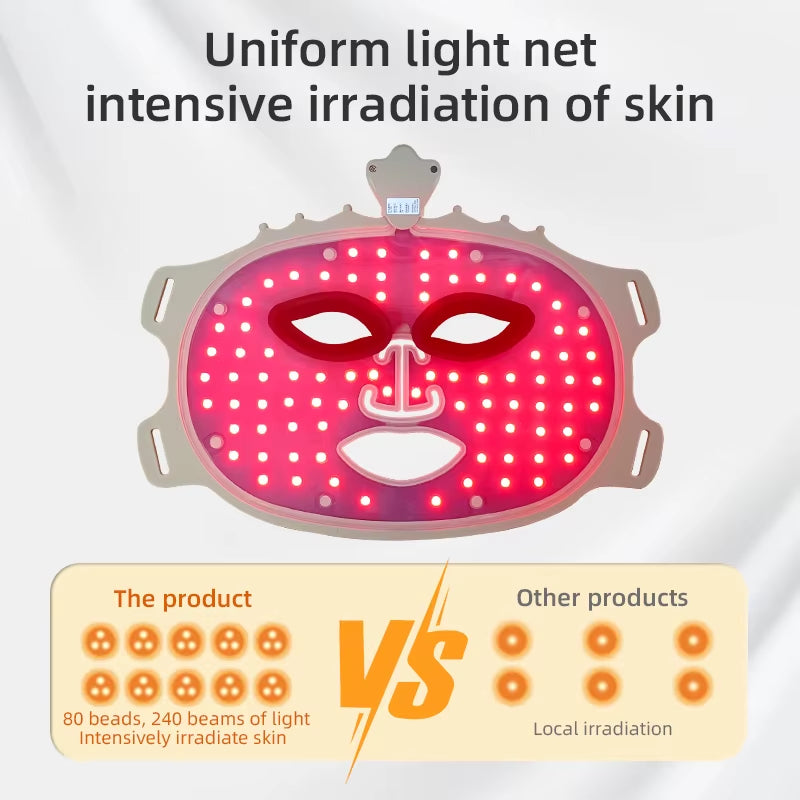 LED Photon Beauty Mask with pink LED lights, beige facial frame, eye and mouth cutouts, and USB design