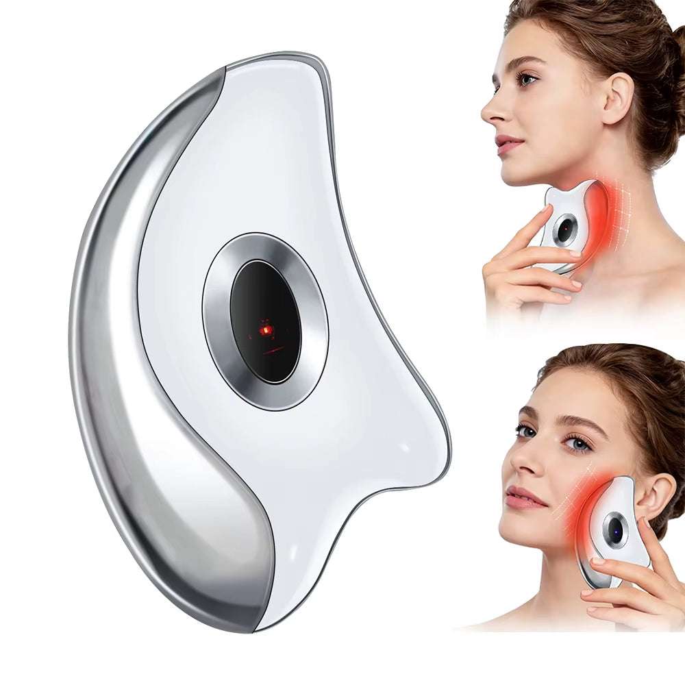 Electric Gua Sha neck massager in white and silver ABS with a curved sculpted design and central control button