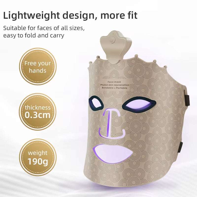 LED Photon Beauty Mask in beige patterned material, with purple LED eye and mouth panels and adjustable side straps
