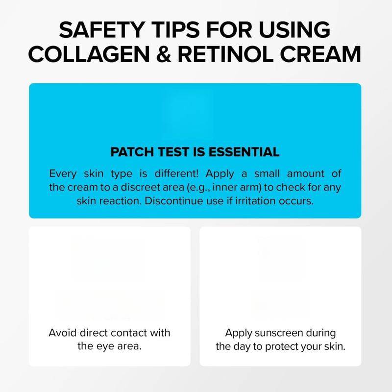 Anti-Aging Face Moisturizer safety instruction graphic with collagen and retinol cream patch test guidance