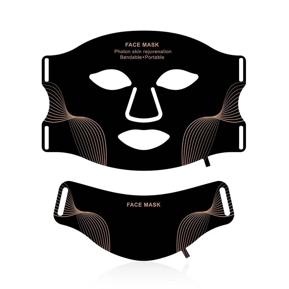 Wireless LED Face Mask in black silicone with facial cutouts, flexible ear straps and a matching neck mask panel