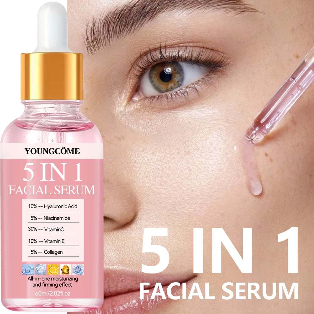 Facial serum bottle with pink liquid, Vitamin C Hyaluronic Acid formula, gold dropper, and 5-in-1 label