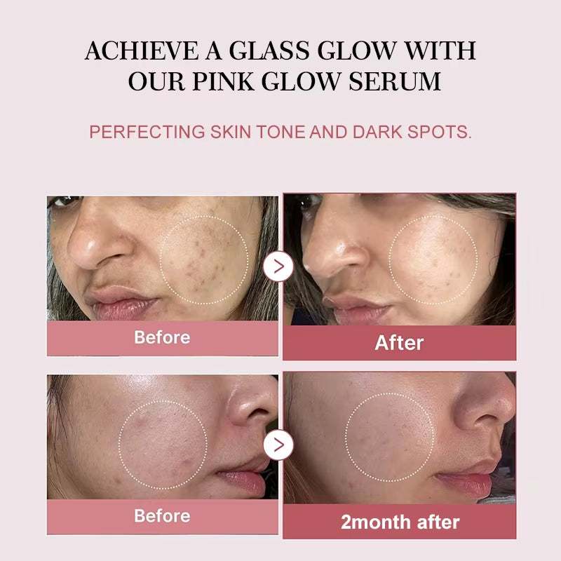 Korean Facial Serum promoting a pink glow with before-and-after images showing a more even-looking skin tone