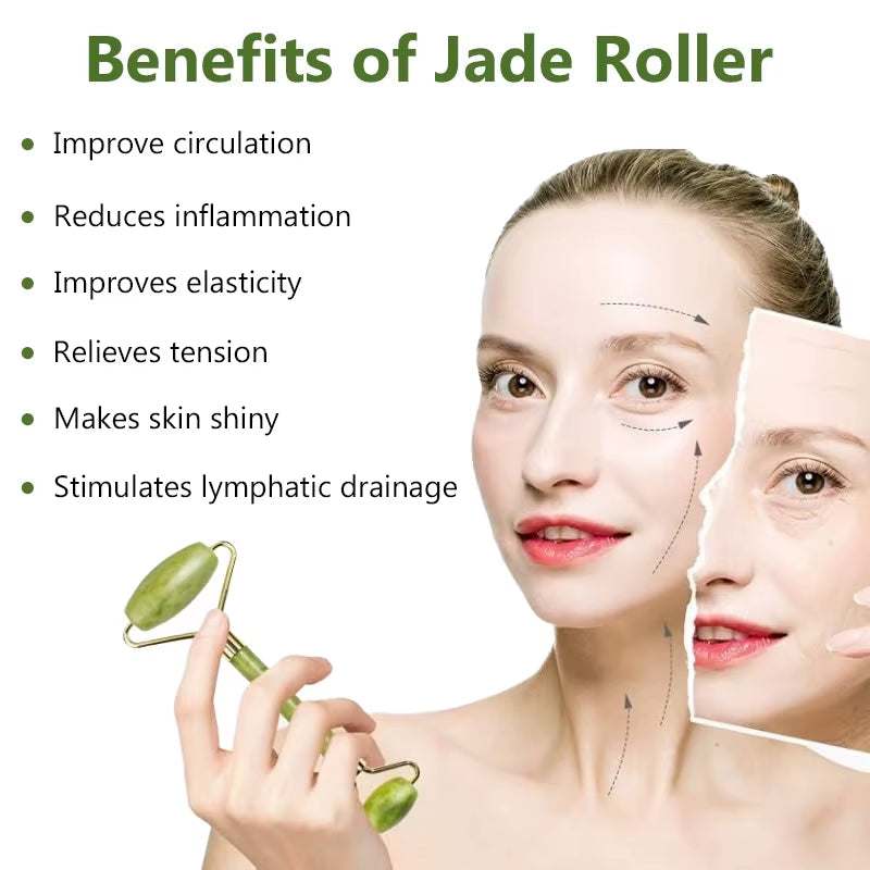 Gua Sha Jade Massager Roller, green jade tool with smooth roller for facial massage and skincare routines