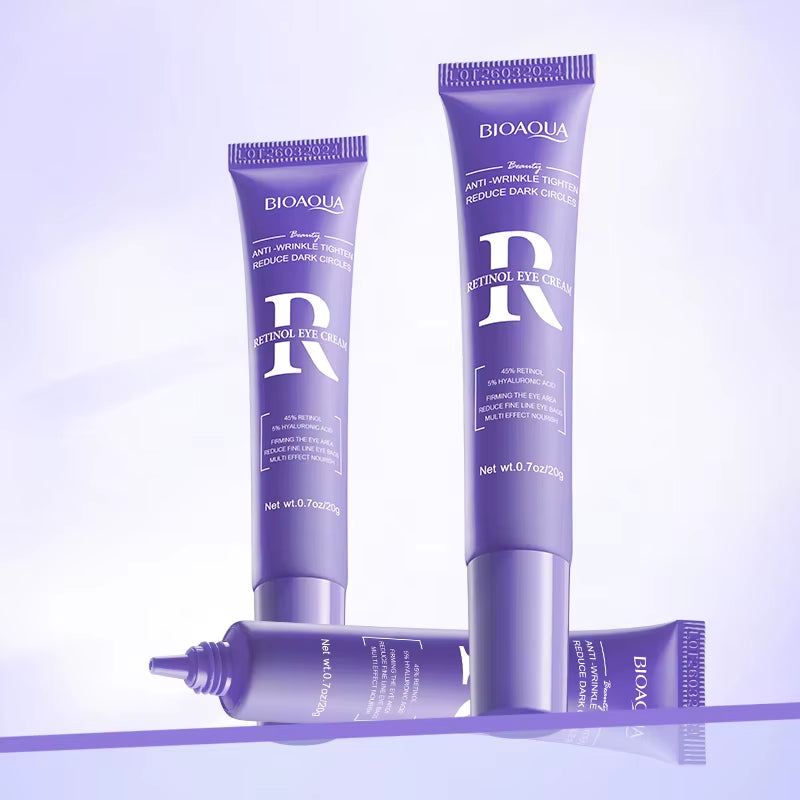 Retinol eye cream tubes in purple packaging, BIOAQUA Retinol formula with anti-wrinkle under-eye care nutrient support