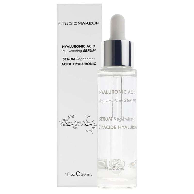 Hyaluronic Acid Rejuvenating Serum in a clear glass dropper bottle with silver collar and white box packaging