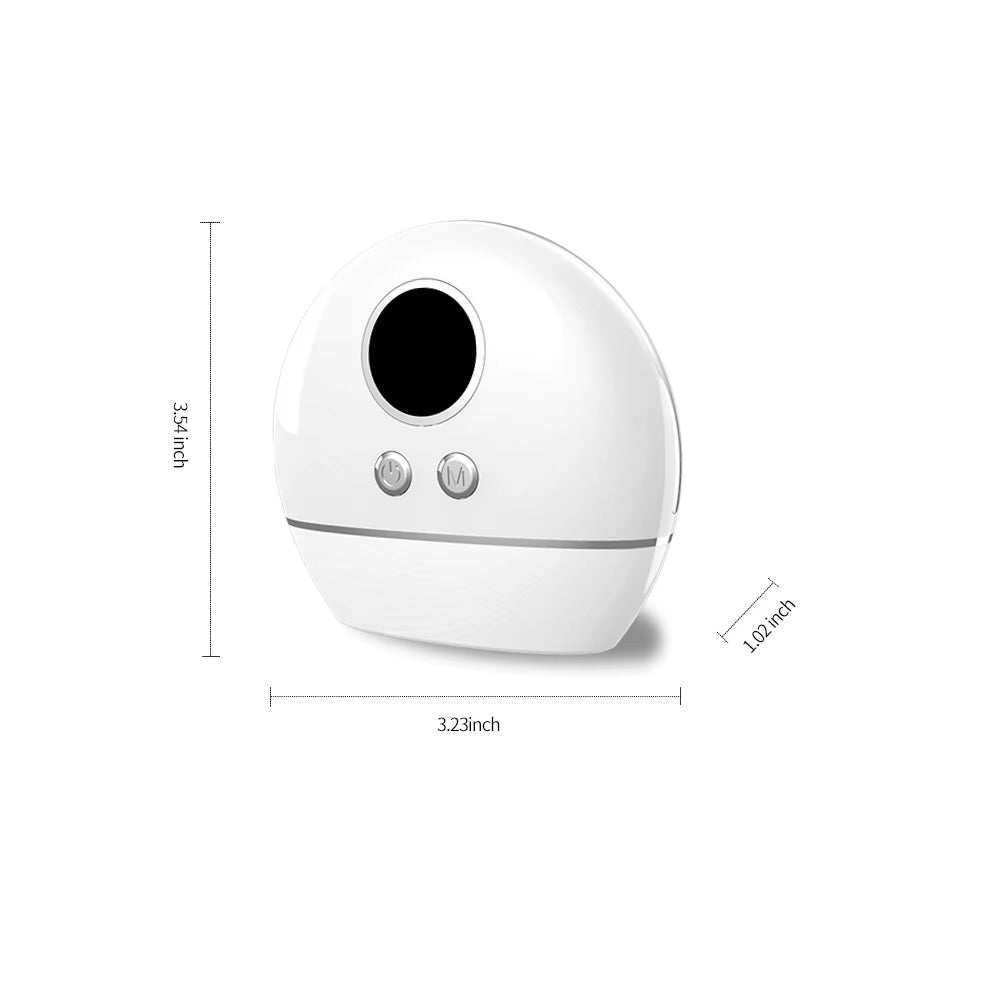 LED Vibration facial beauty device in white plastic, with a rounded design, black display, and two buttons