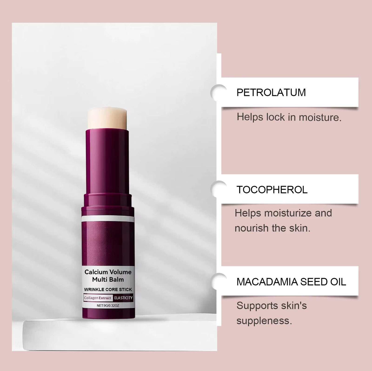 Calcium Skincare Set featuring a burgundy twist-up multi balm with cream applicator and ingredient labels