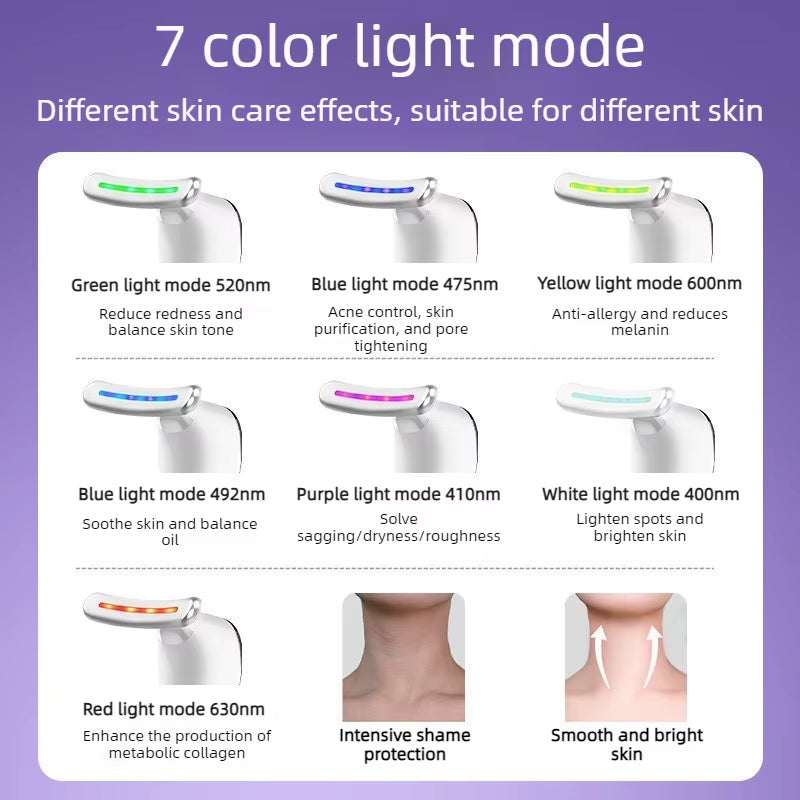 USB Facial Massager in white ABS, handheld with curved head and seven-color LED photon light modes for skincare