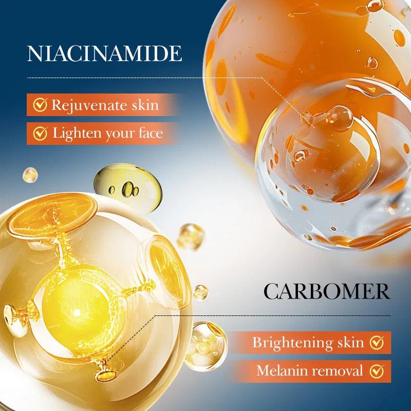 Vitamin C Moisturizing skincare serum graphic with orange gel capsules, niacinamide and carbomer brightening claims