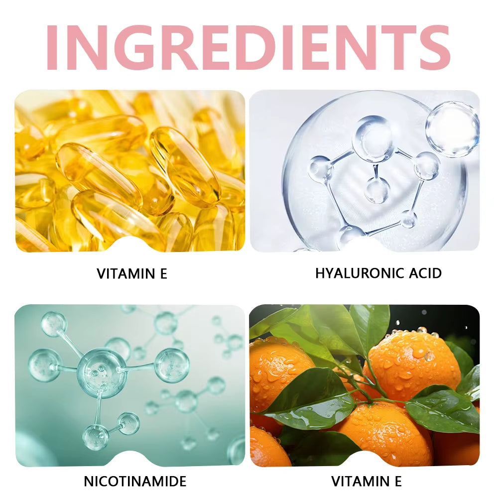 Vitamin C Hyaluronic Acid serum ingredient graphic featuring molecular hyaluronic acid, vitamin E, and citrus imagery