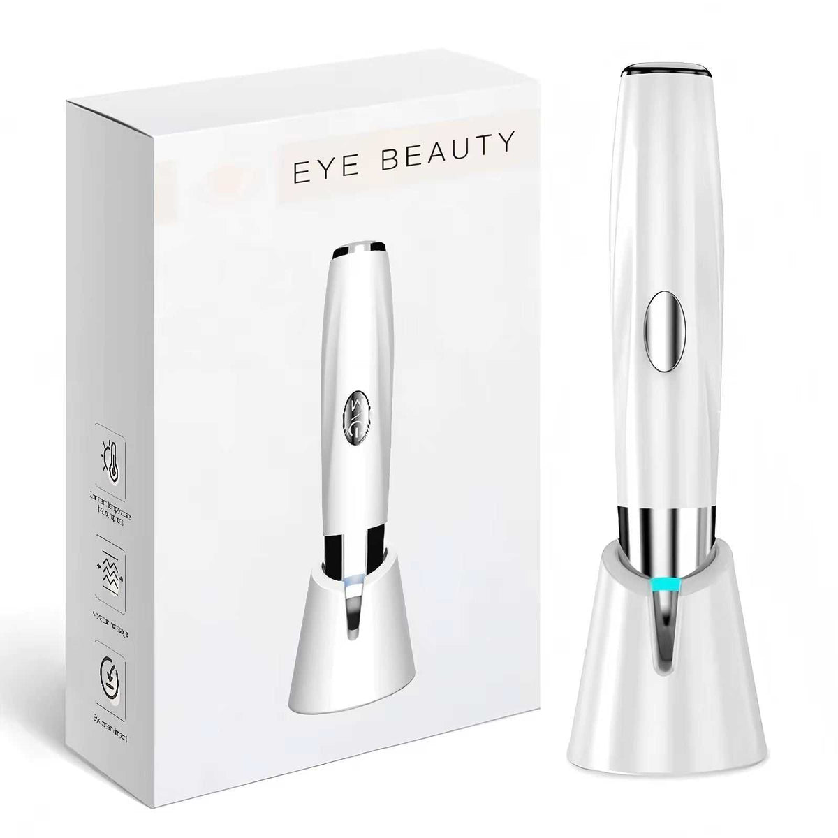 Eye Care Beauty Device, sleek white metal LED massage wand with chrome accents and charging stand