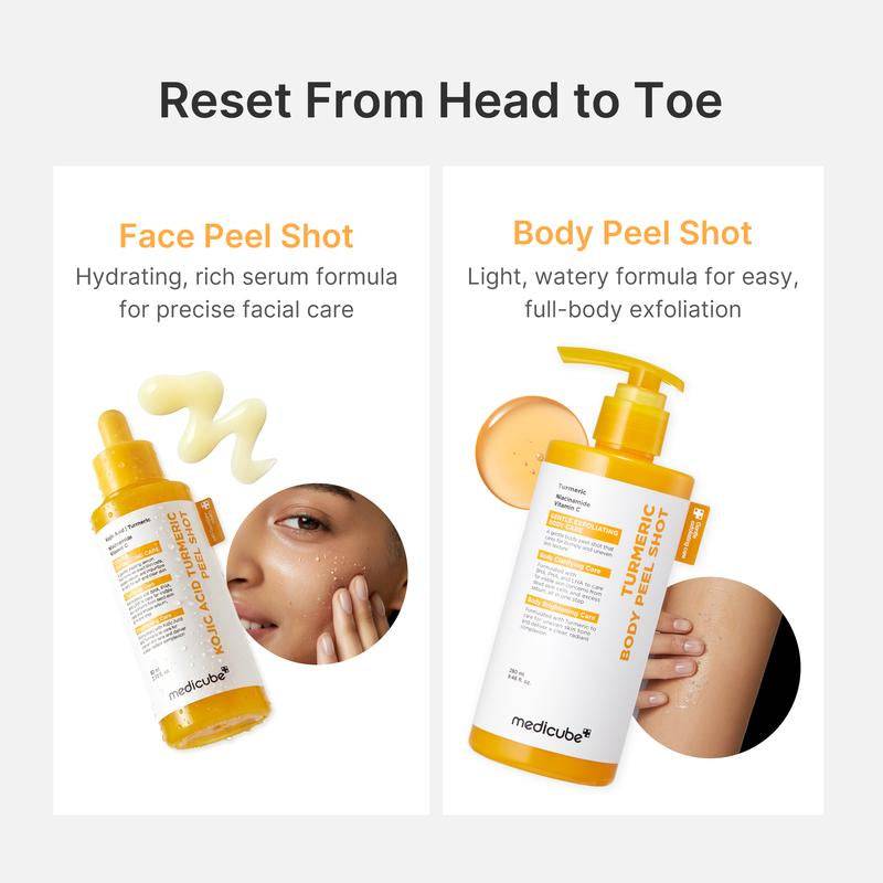 Kojic Acid Turmeric Peel Shot duo with amber serum bottles, yellow pumps, and face and body formulas