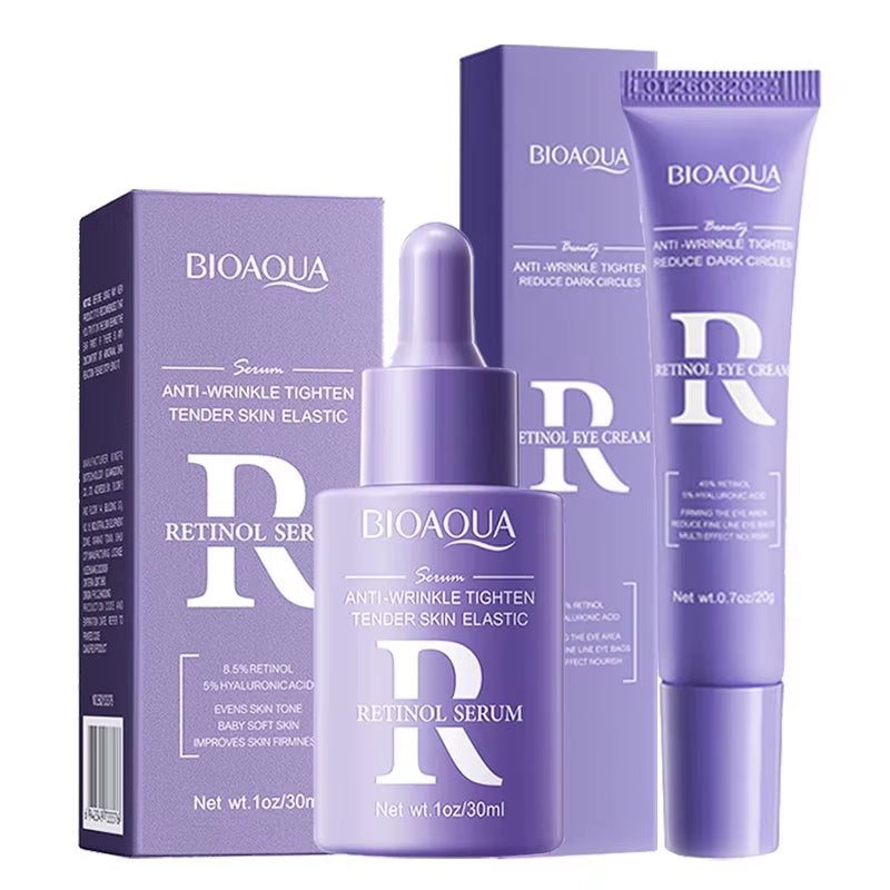 Retinol skincare set with purple packaging, featuring BIOAQUA Retinol serum dropper bottle and eye cream tube