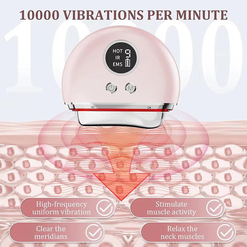 Electric EMS Gua Sha massager in pink and white ABS, featuring a metallic scraping head and EMS display controls