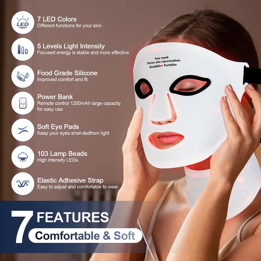 Silicone Red Light Therapy Mask in white silicone with eye cushions, red LED lights, and adjustable head strap