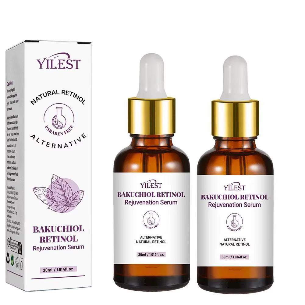Bakuchiol Retinol Rejuvenation Serum in amber glass dropper bottles with gold caps and matching white box packaging