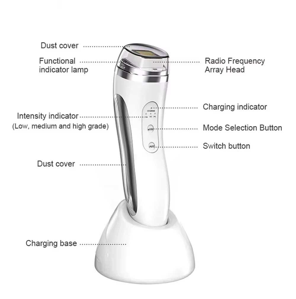 RF High-Frequency Facial Care Device in white with metallic accents, radio frequency array head and charging base