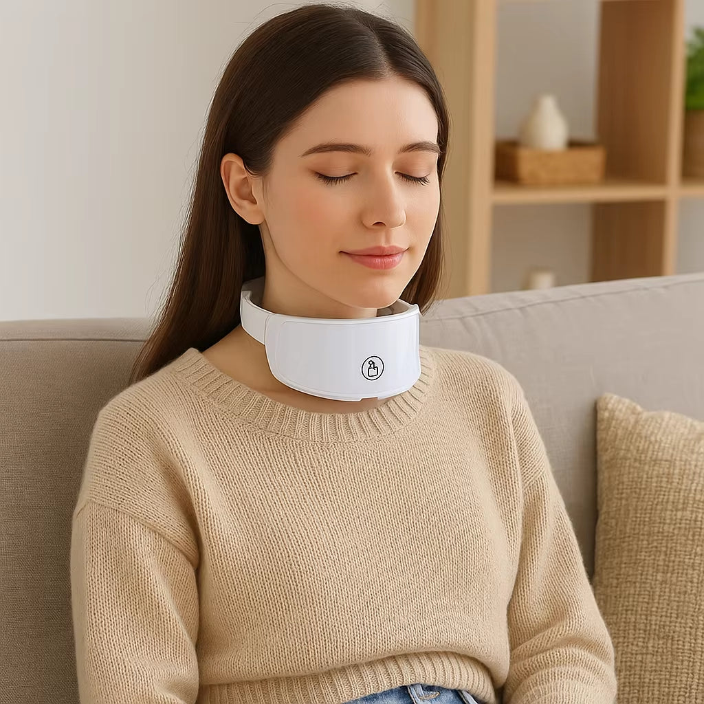 LED Neck Mask in white, wearable smooth plastic design with a curved collar and front control button for neck care