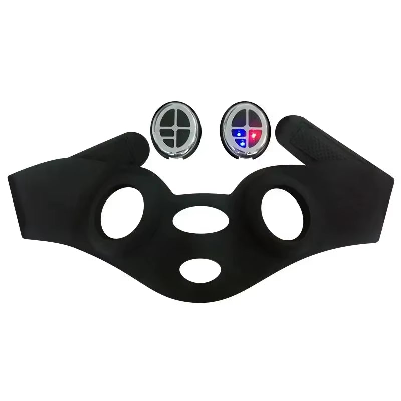 V Face EMS Mask, black silicone facial device with eye and mouth openings, detachable control units and LED buttons
