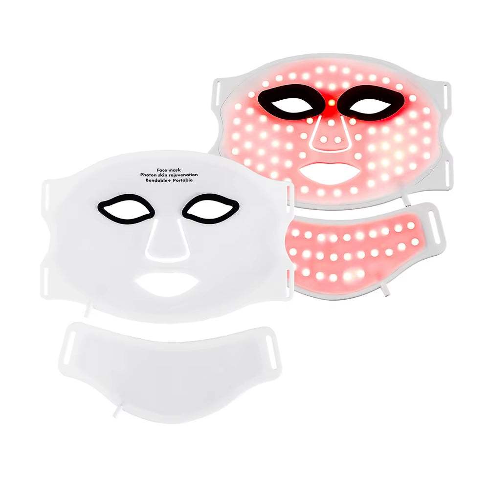 Wireless LED Face Mask in white silicone with face and neck panels, eye openings, and visible red LED lights
