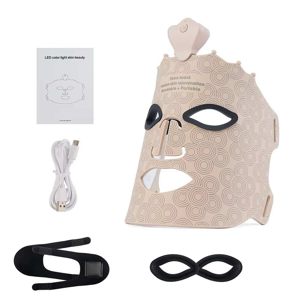 LED Silicone Facial Mask in beige silicone with circular pattern, eye and mouth cutouts, adjustable straps and USB cable