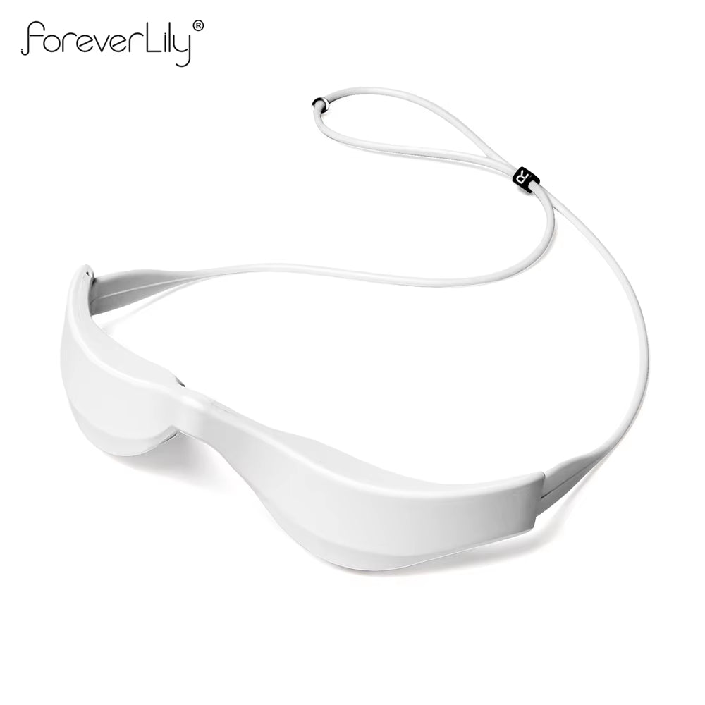 3D EMS Eye Massager in white plastic with a smooth 3D wraparound design and adjustable cord strap