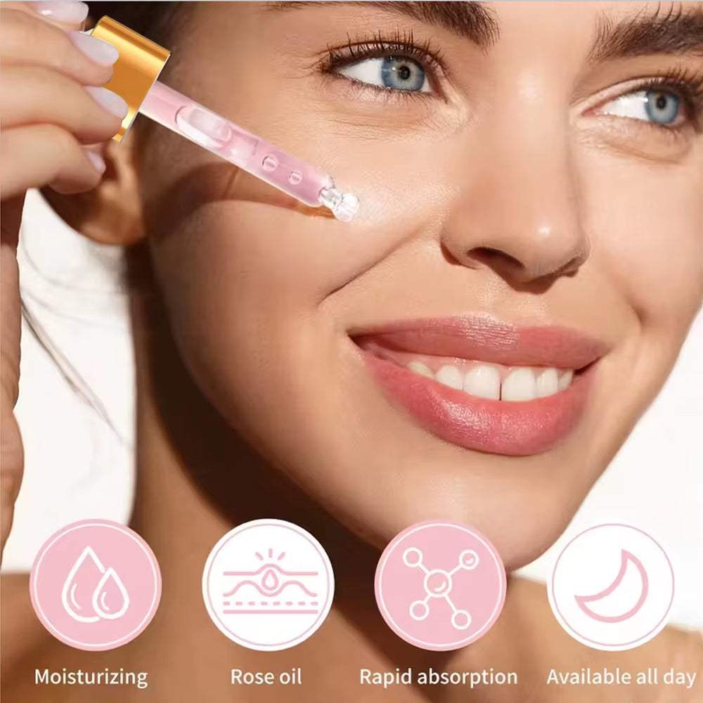 Vitamin C Hyaluronic Acid facial serum in a pink glass dropper bottle, shown with a lightweight formula for hydration.