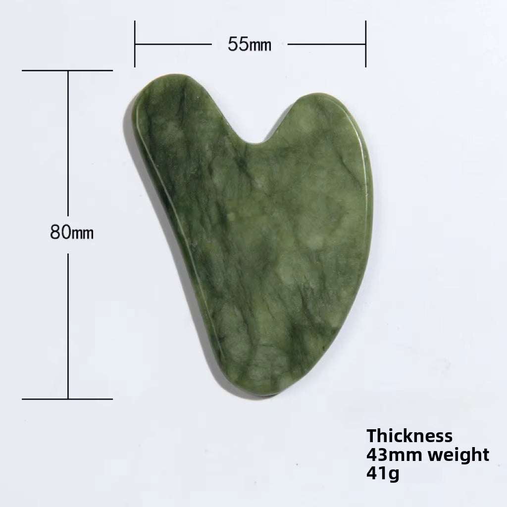 Jade Gua Sha Massager, dark green heart-shaped stone with marbled pattern and smooth contoured edges
