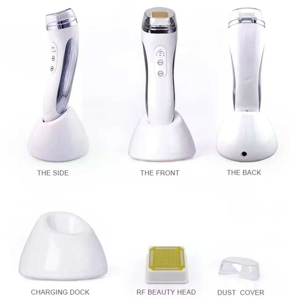 RF High-Frequency Facial Care Device in white with a sleek plastic body, RF beauty head, charging dock and dust cover