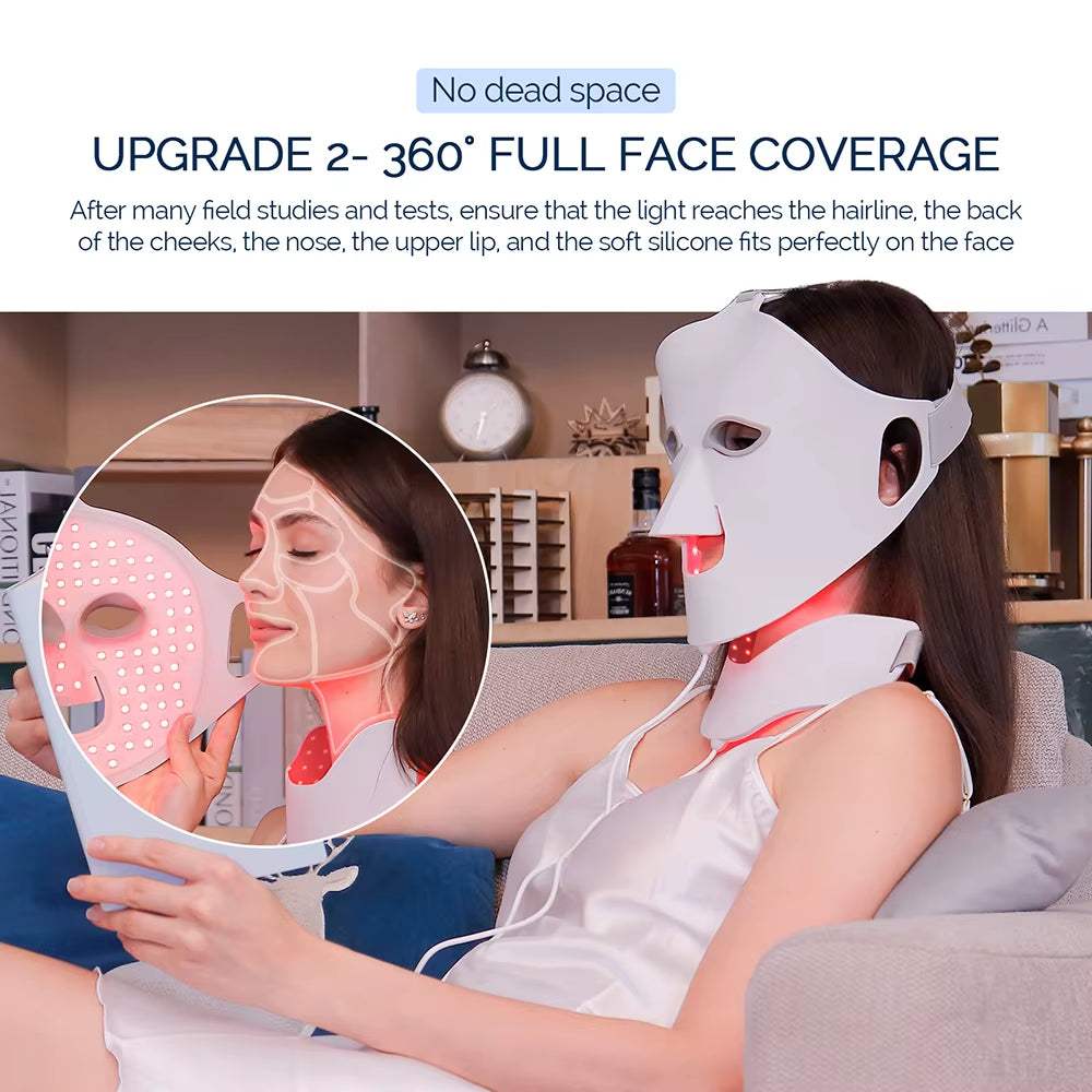 Silicone LED Facial Mask in white, featuring full face and neck coverage with illuminated red LED light panels.