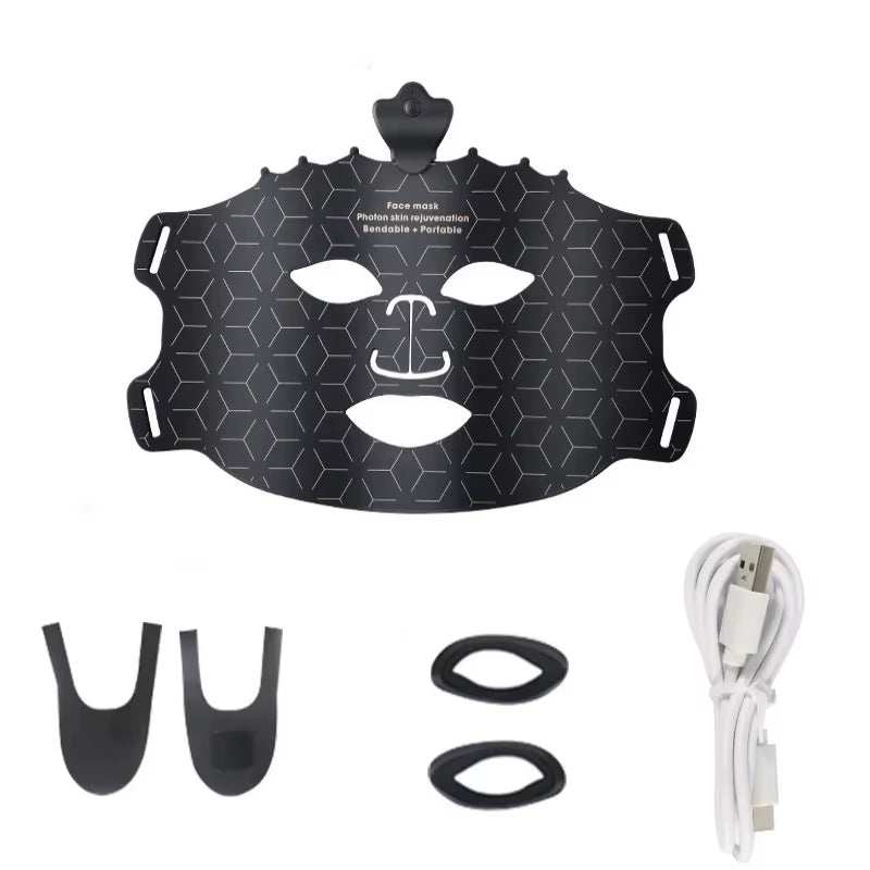 LED Photon Beauty Mask in black, flexible patterned design with eye and mouth cutouts, USB cable and straps
