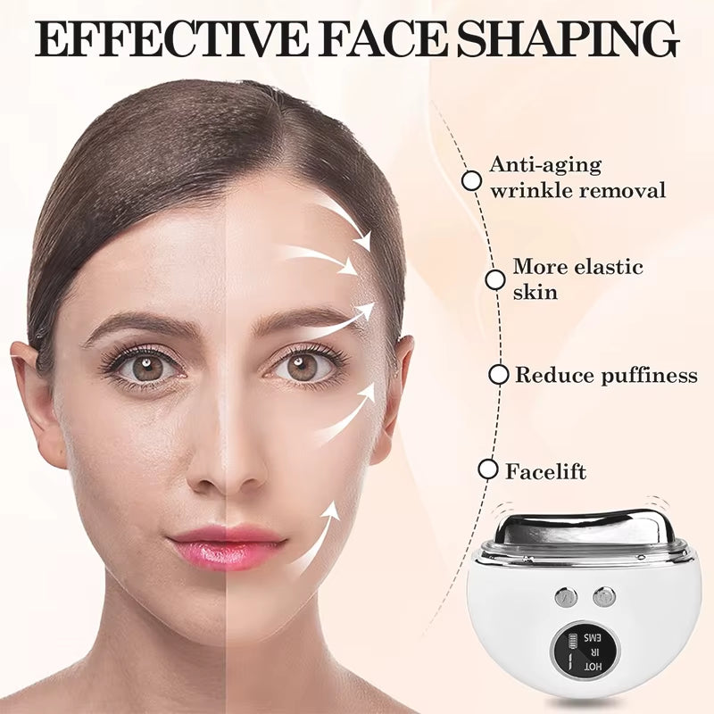 Electric EMS Gua Sha facial massager, white with metallic accents and two round control buttons.