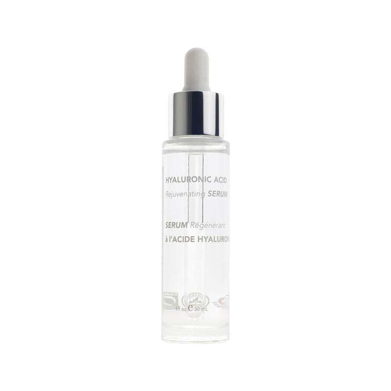 Hyaluronic Acid Rejuvenating Serum in a clear glass dropper bottle with silver collar and white cap