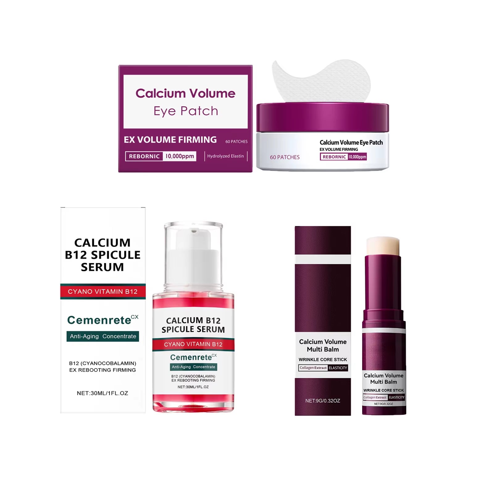 Revitalize Your Skin with the Calcium Skincare Set: Anti-Aging Serum, Eye Patches, and Multi Balm for Youthful Glow and Reduced Dark Circles