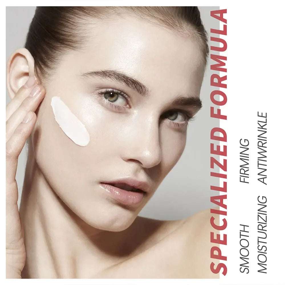 Retinol Lifting Firming Cream, white moisturizing cream applied to a woman&