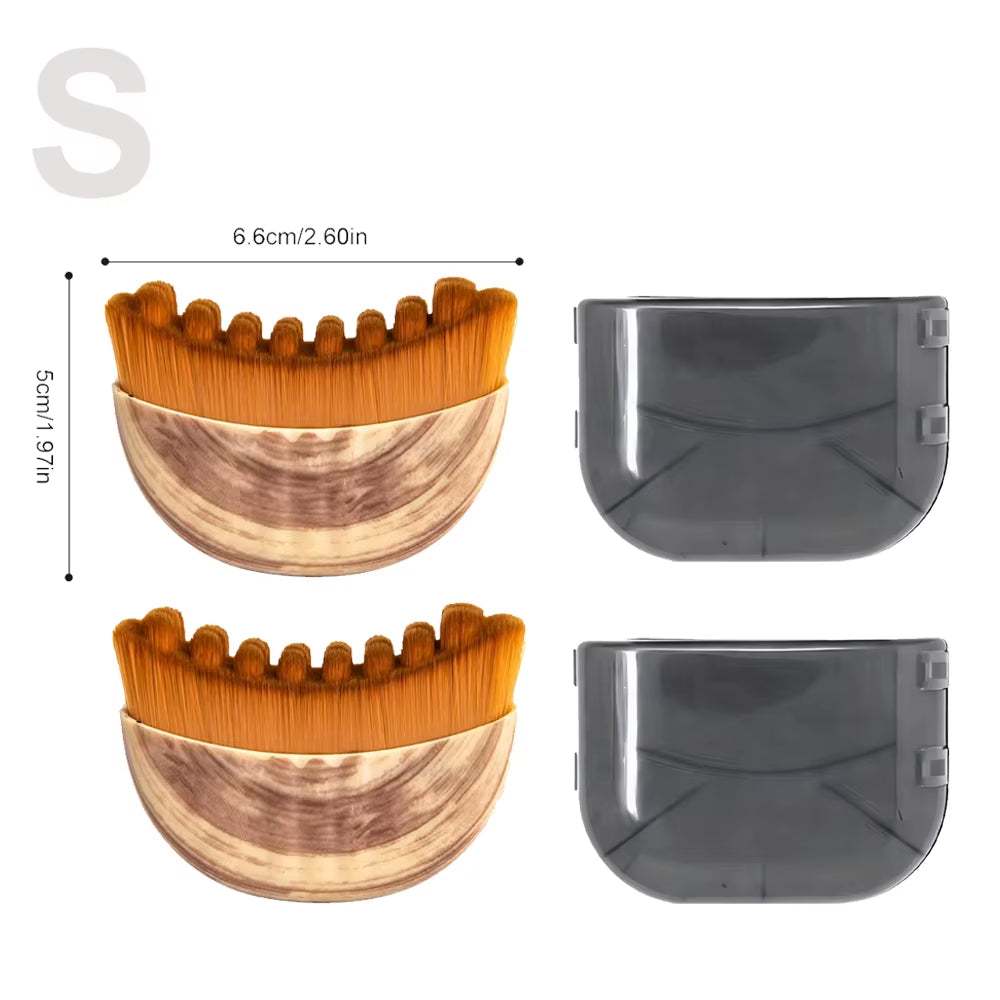 Lymphatic Contour Face Brush with wood-grain handle and dense orange bristles, shown with dark protective cases