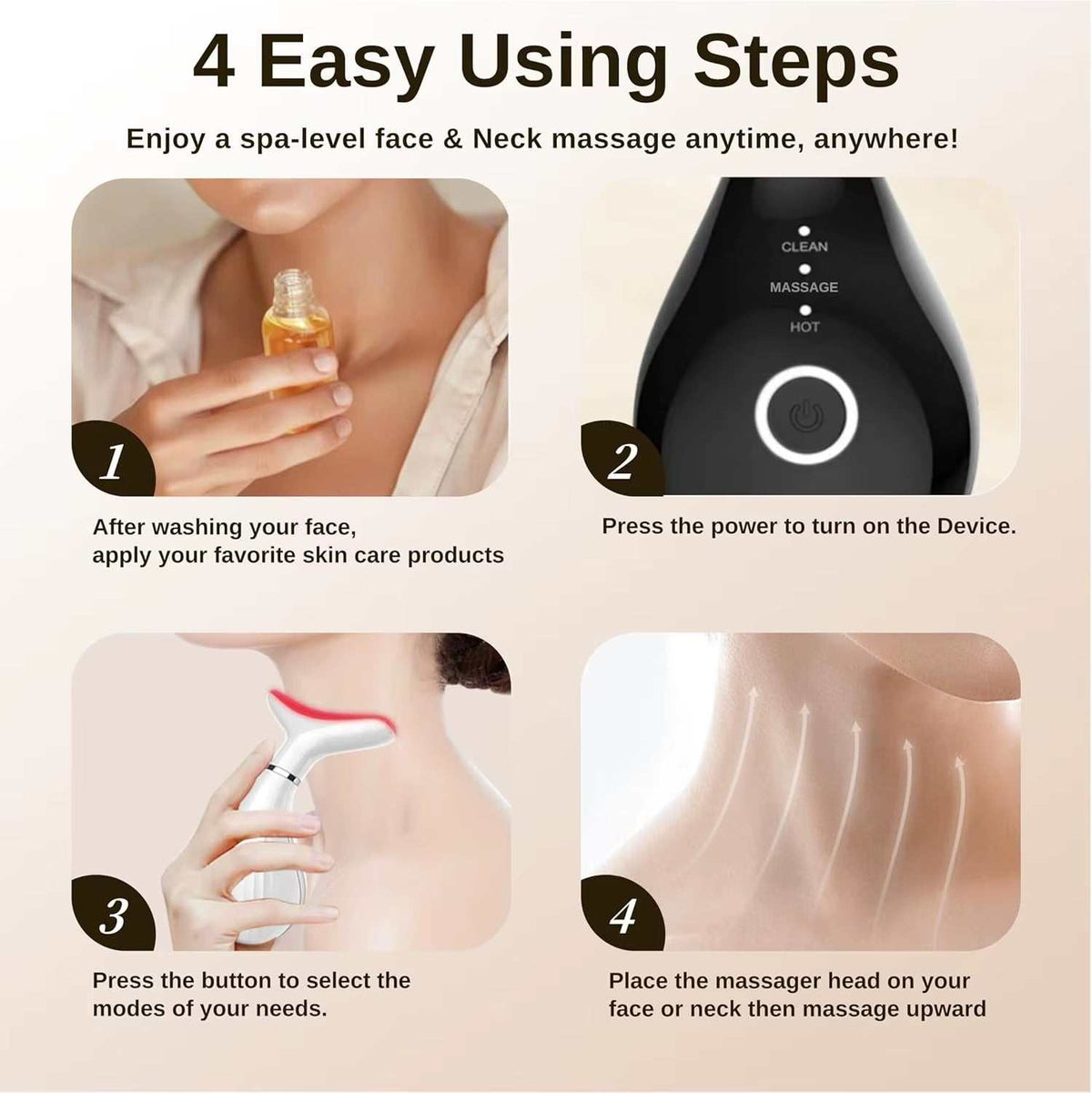 3-in-1 LED Neck beauty device, black handheld massager with silver control button and curved metal head