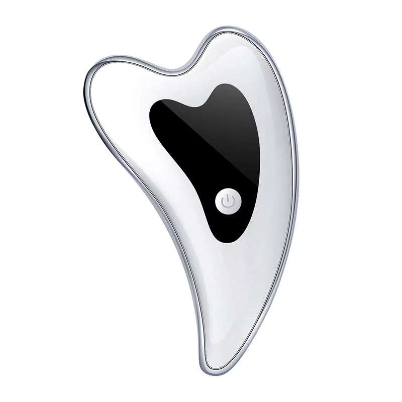 Electric Gua Sha Face Massager with a silver plastic body, black control panel, and ergonomic sculpted design