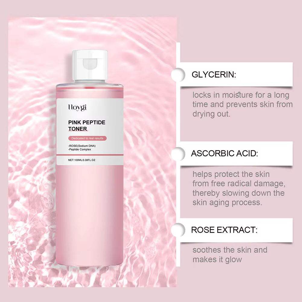 Rose Essence Toner, pink peptide facial toner in a clear pump bottle with white cap and label