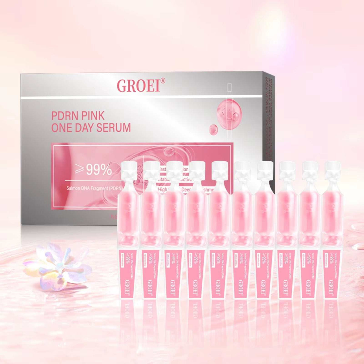 PDRN Serum set with 10 pink glass ampoules, featuring a compact box and salmon PDRN formula labeling