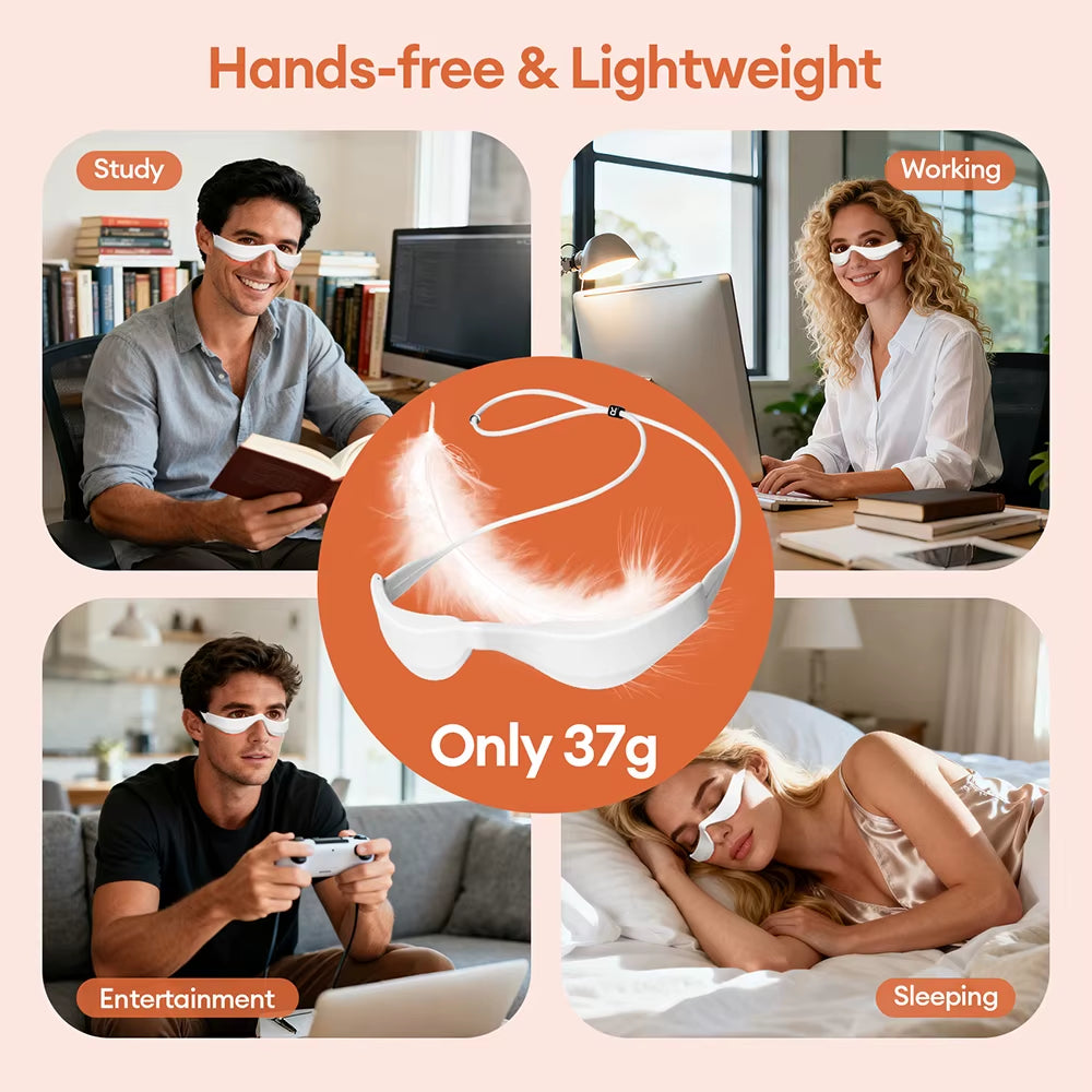 3D EMS Eye Massager, lightweight white eye mask with wraparound design for hands-free relaxation weighing 37g