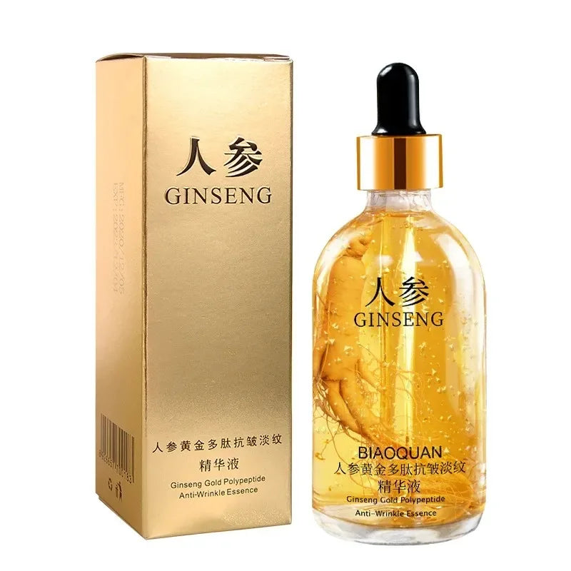 24K Gold Face Serum in a clear glass dropper bottle, golden ginseng-infused essence with floating particles