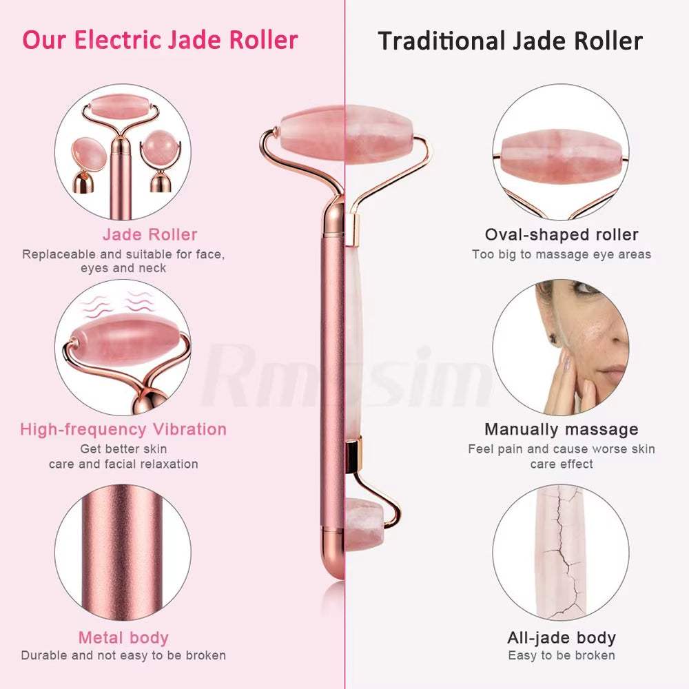Electric Vibrating Facial Roller with a rose-pink metal body, jade rollers, and high-frequency vibration massage feature