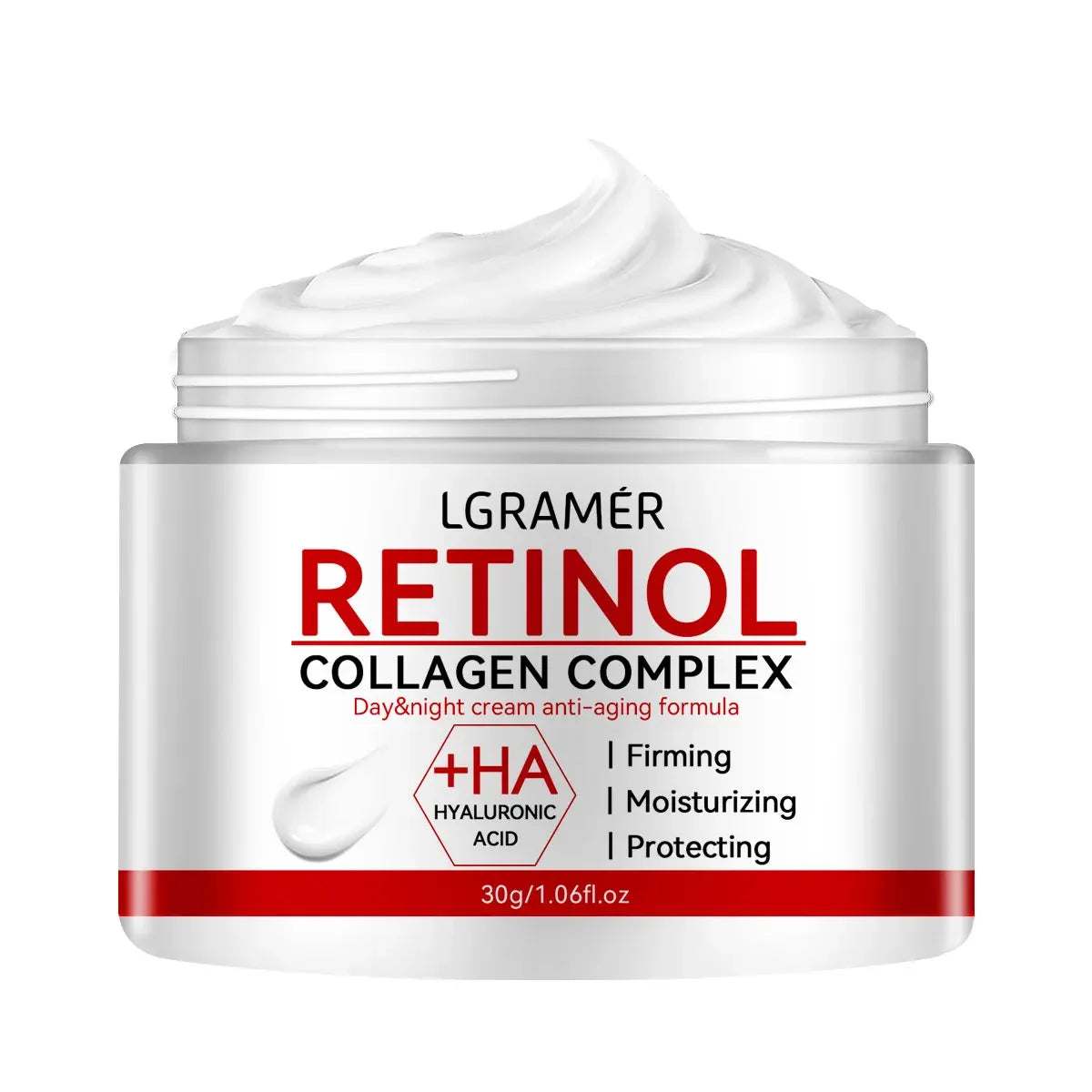 Retinol Lifting Firming Cream in a white jar with red accents, collagen complex and creamy swirl visible.