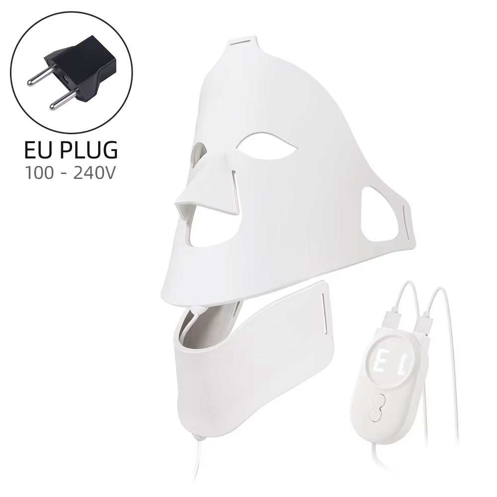 Silicone LED Facial Mask in white silicone with face and neck coverage, eye openings, and wired controller
