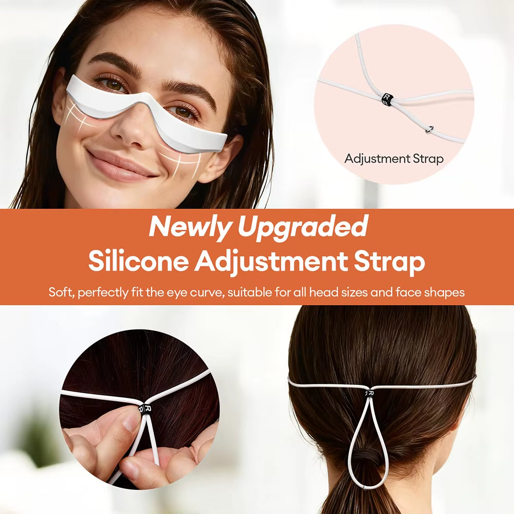 3D EMS Eye Massager in white silicone with an adjustable strap for a comfortable, custom fit around the eyes