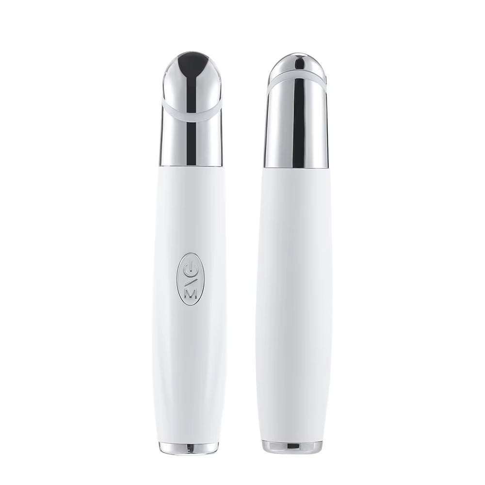 Eye Care Beauty Device, white handheld facial massager with smooth chrome metal heads and compact wand design